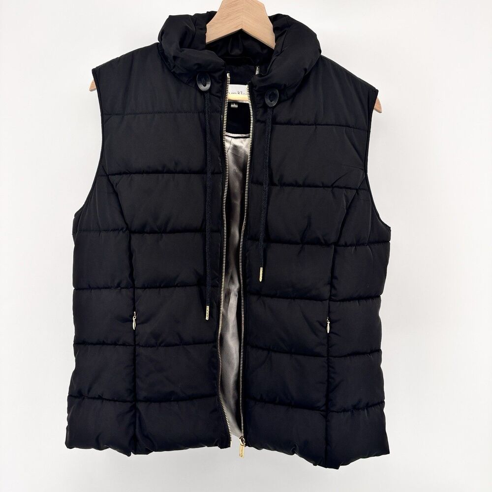Calvin Klein Women's L Black Quilted Puffer Vest Full Zip Gold Tone Zipper